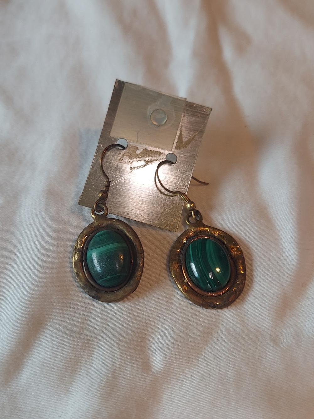 Green Malachite-Style Oval Drop Earrings in Antiqued Brass Frame